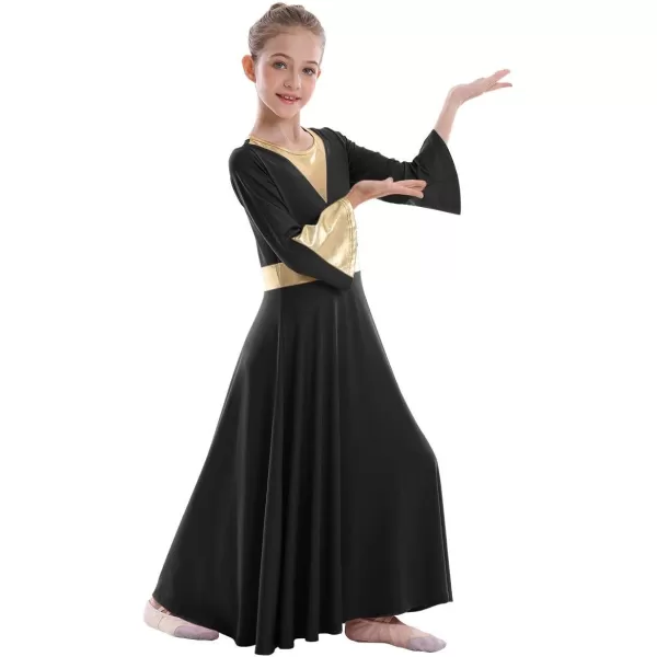 Girls Bell Long Sleeve Praise Dance Dress Metallic Belt Liturgical Lyrical Church Dancewear Worship Costume for KidsBlack