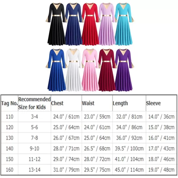 Girls Bell Long Sleeve Praise Dance Dress Metallic Belt Liturgical Lyrical Church Dancewear Worship Costume for KidsBlack