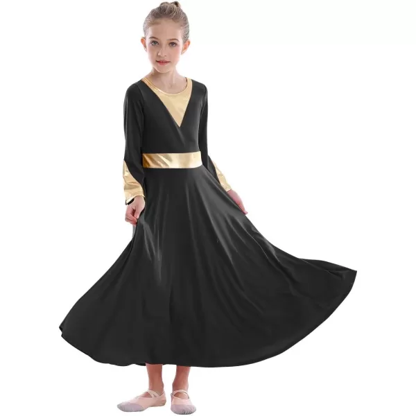 Girls Bell Long Sleeve Praise Dance Dress Metallic Belt Liturgical Lyrical Church Dancewear Worship Costume for KidsBlack