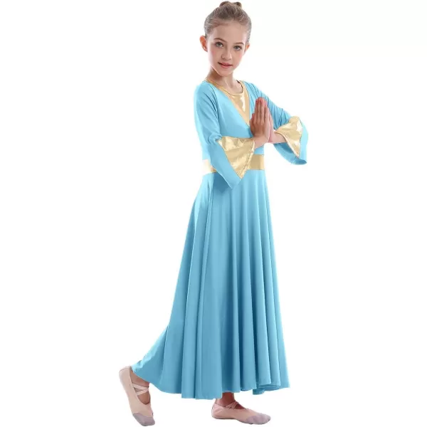 Girls Bell Long Sleeve Praise Dance Dress Metallic Belt Liturgical Lyrical Church Dancewear Worship Costume for KidsBlue