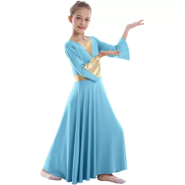 Girls Bell Long Sleeve Praise Dance Dress Metallic Belt Liturgical Lyrical Church Dancewear Worship Costume for KidsBlue