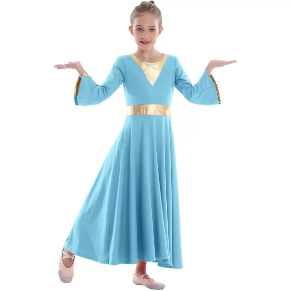 Girls Bell Long Sleeve Praise Dance Dress Metallic Belt Liturgical Lyrical Church Dancewear Worship Costume for KidsBlue