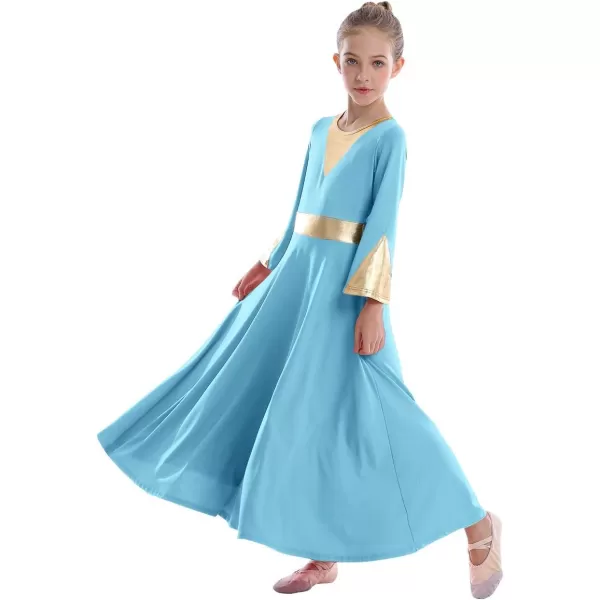 Girls Bell Long Sleeve Praise Dance Dress Metallic Belt Liturgical Lyrical Church Dancewear Worship Costume for KidsBlue