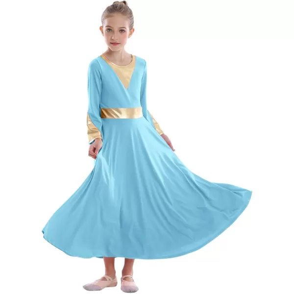 Girls Bell Long Sleeve Praise Dance Dress Metallic Belt Liturgical Lyrical Church Dancewear Worship Costume for KidsBlue