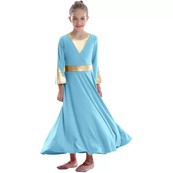 Girls Bell Long Sleeve Praise Dance Dress Metallic Belt Liturgical Lyrical Church Dancewear Worship Costume for KidsBlue