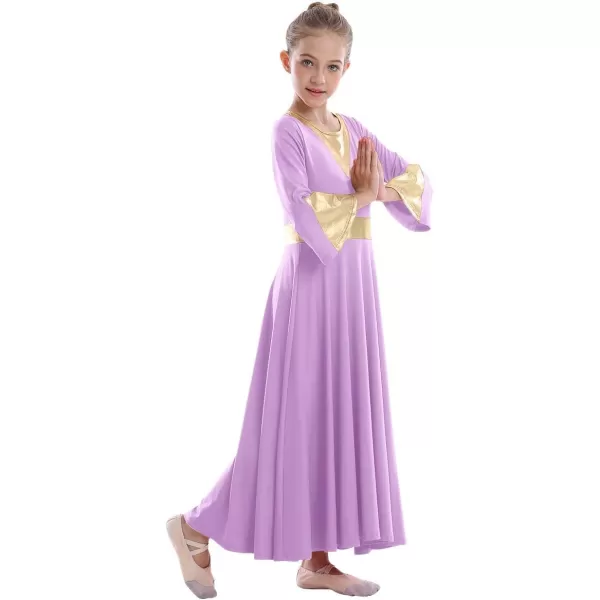 Girls Bell Long Sleeve Praise Dance Dress Metallic Belt Liturgical Lyrical Church Dancewear Worship Costume for KidsLight Purple