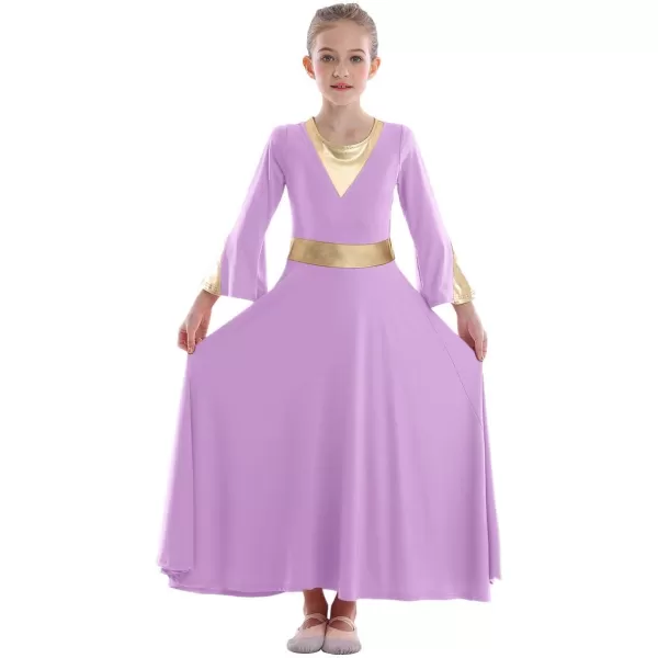 Girls Bell Long Sleeve Praise Dance Dress Metallic Belt Liturgical Lyrical Church Dancewear Worship Costume for KidsLight Purple