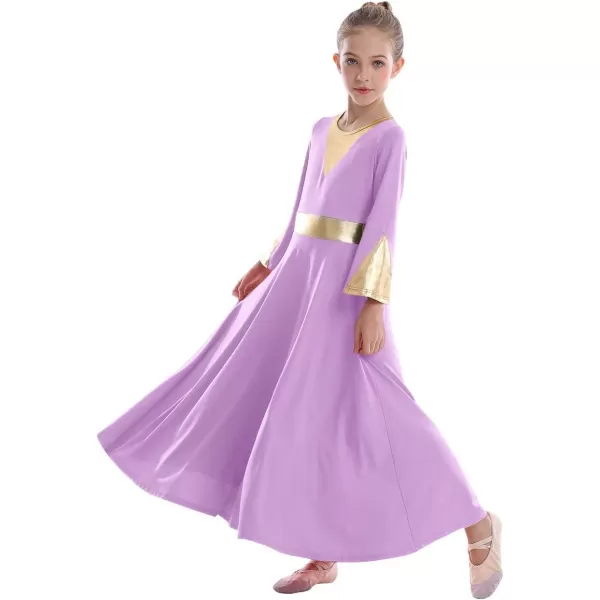 Girls Bell Long Sleeve Praise Dance Dress Metallic Belt Liturgical Lyrical Church Dancewear Worship Costume for KidsLight Purple