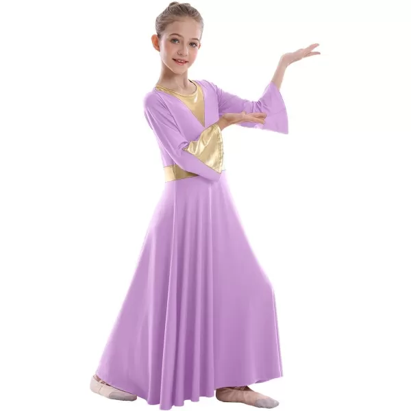 Girls Bell Long Sleeve Praise Dance Dress Metallic Belt Liturgical Lyrical Church Dancewear Worship Costume for KidsLight Purple