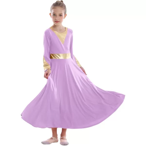 Girls Bell Long Sleeve Praise Dance Dress Metallic Belt Liturgical Lyrical Church Dancewear Worship Costume for KidsLight Purple