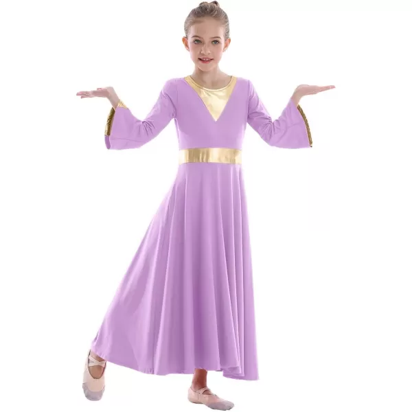 Girls Bell Long Sleeve Praise Dance Dress Metallic Belt Liturgical Lyrical Church Dancewear Worship Costume for KidsLight Purple