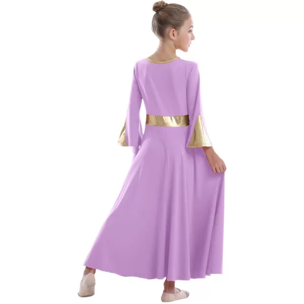 Girls Bell Long Sleeve Praise Dance Dress Metallic Belt Liturgical Lyrical Church Dancewear Worship Costume for KidsLight Purple