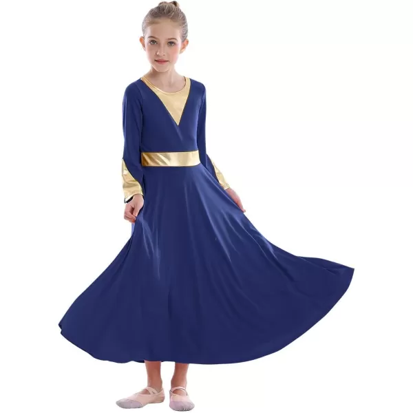 Girls Bell Long Sleeve Praise Dance Dress Metallic Belt Liturgical Lyrical Church Dancewear Worship Costume for KidsNavy Blue