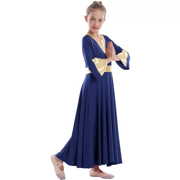 Girls Bell Long Sleeve Praise Dance Dress Metallic Belt Liturgical Lyrical Church Dancewear Worship Costume for KidsNavy Blue