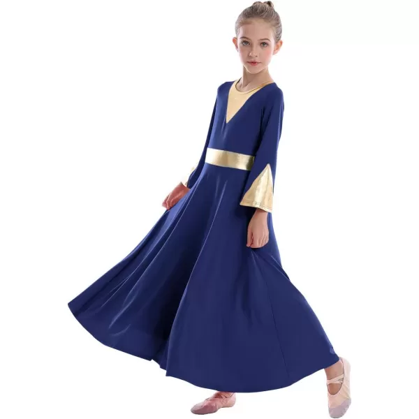 Girls Bell Long Sleeve Praise Dance Dress Metallic Belt Liturgical Lyrical Church Dancewear Worship Costume for KidsNavy Blue