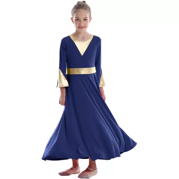 Girls Bell Long Sleeve Praise Dance Dress Metallic Belt Liturgical Lyrical Church Dancewear Worship Costume for KidsNavy Blue