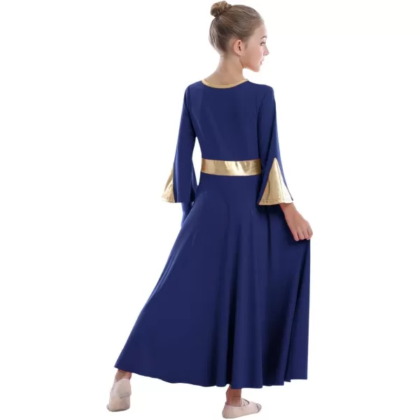 Girls Bell Long Sleeve Praise Dance Dress Metallic Belt Liturgical Lyrical Church Dancewear Worship Costume for KidsNavy Blue