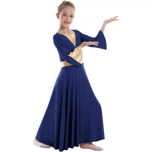 Girls Bell Long Sleeve Praise Dance Dress Metallic Belt Liturgical Lyrical Church Dancewear Worship Costume for KidsNavy Blue