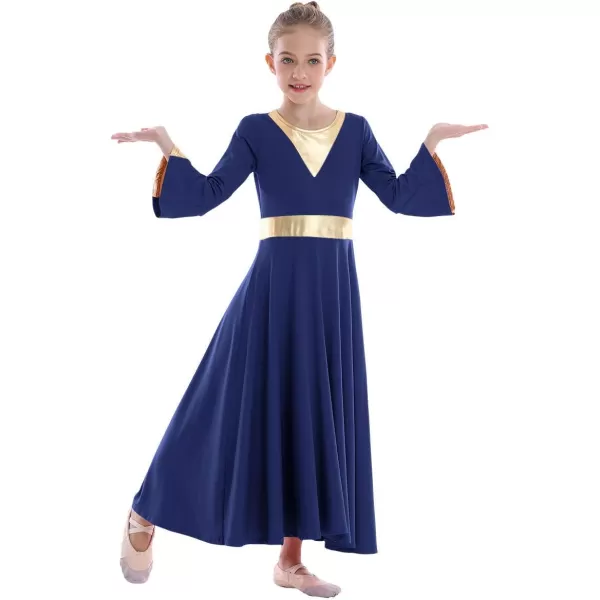 Girls Bell Long Sleeve Praise Dance Dress Metallic Belt Liturgical Lyrical Church Dancewear Worship Costume for KidsNavy Blue