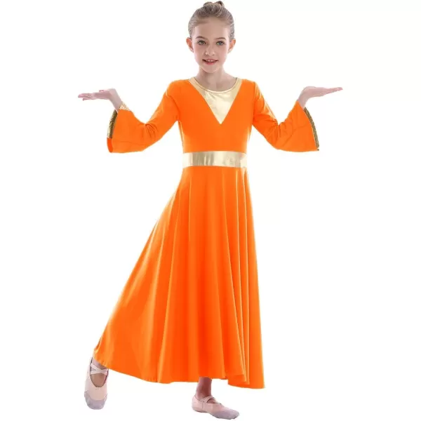 Girls Bell Long Sleeve Praise Dance Dress Metallic Belt Liturgical Lyrical Church Dancewear Worship Costume for KidsOrange