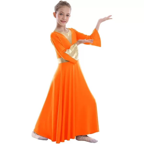 Girls Bell Long Sleeve Praise Dance Dress Metallic Belt Liturgical Lyrical Church Dancewear Worship Costume for KidsOrange