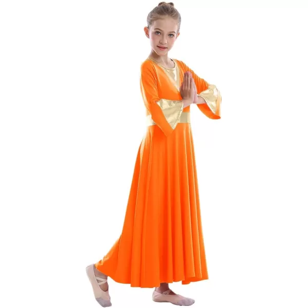 Girls Bell Long Sleeve Praise Dance Dress Metallic Belt Liturgical Lyrical Church Dancewear Worship Costume for KidsOrange