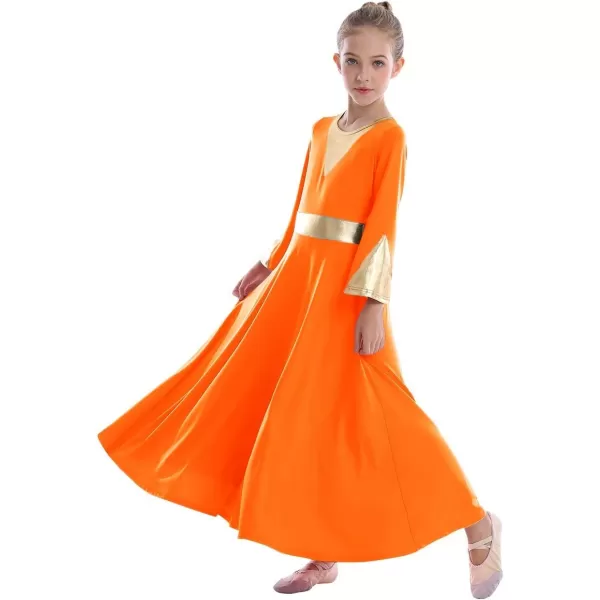 Girls Bell Long Sleeve Praise Dance Dress Metallic Belt Liturgical Lyrical Church Dancewear Worship Costume for KidsOrange