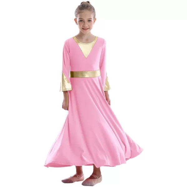 Girls Bell Long Sleeve Praise Dance Dress Metallic Belt Liturgical Lyrical Church Dancewear Worship Costume for KidsPink