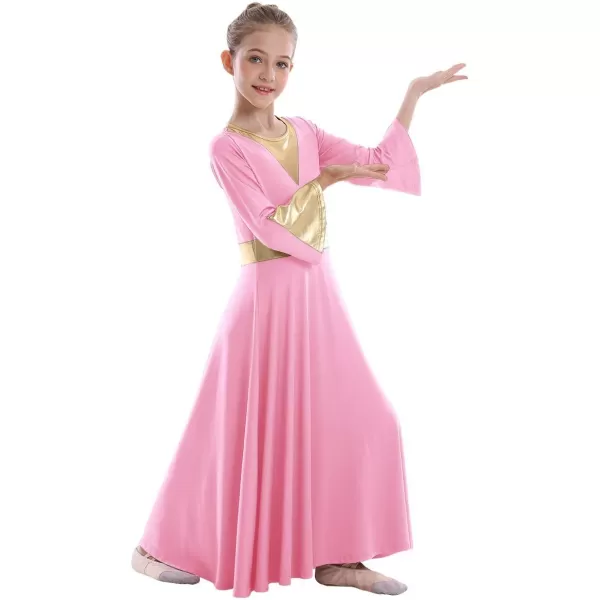 Girls Bell Long Sleeve Praise Dance Dress Metallic Belt Liturgical Lyrical Church Dancewear Worship Costume for KidsPink