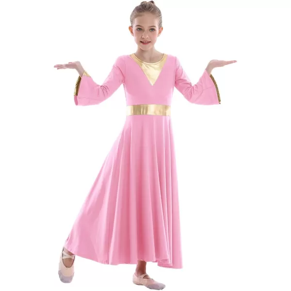 Girls Bell Long Sleeve Praise Dance Dress Metallic Belt Liturgical Lyrical Church Dancewear Worship Costume for KidsPink