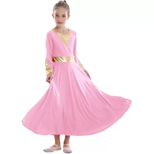 Girls Bell Long Sleeve Praise Dance Dress Metallic Belt Liturgical Lyrical Church Dancewear Worship Costume for KidsPink