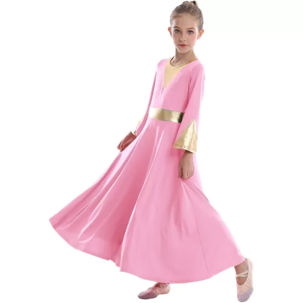 Girls Bell Long Sleeve Praise Dance Dress Metallic Belt Liturgical Lyrical Church Dancewear Worship Costume for KidsPink