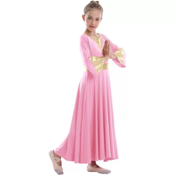 Girls Bell Long Sleeve Praise Dance Dress Metallic Belt Liturgical Lyrical Church Dancewear Worship Costume for KidsPink