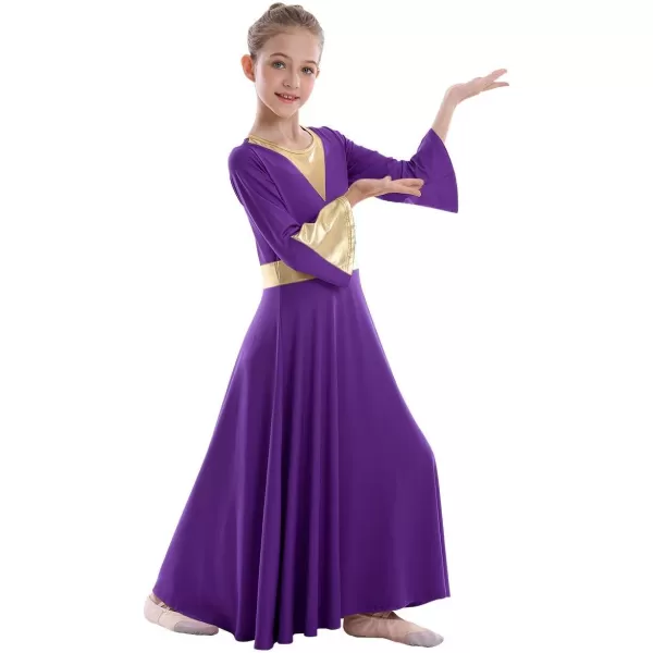 Girls Bell Long Sleeve Praise Dance Dress Metallic Belt Liturgical Lyrical Church Dancewear Worship Costume for KidsPurple