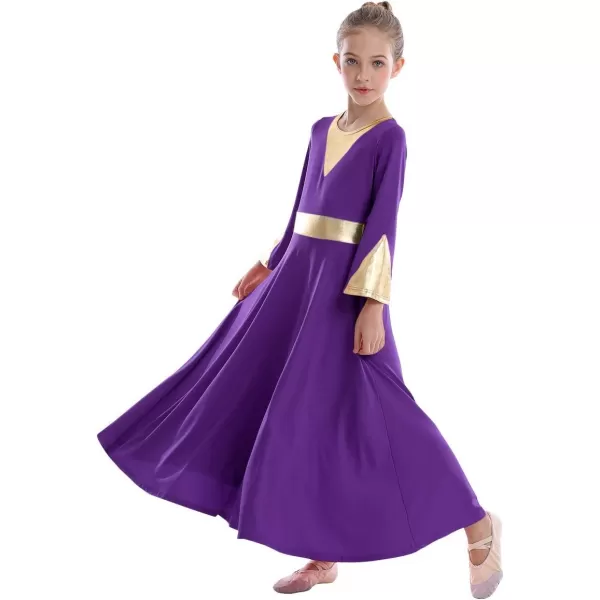 Girls Bell Long Sleeve Praise Dance Dress Metallic Belt Liturgical Lyrical Church Dancewear Worship Costume for KidsPurple