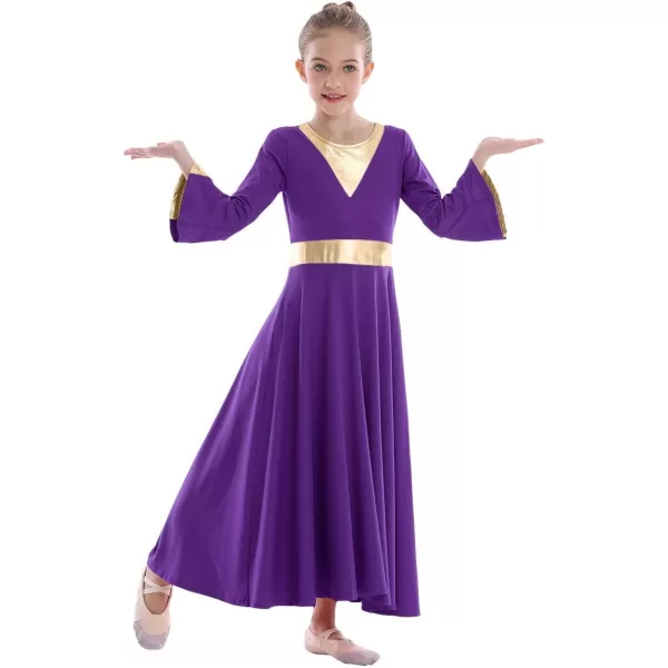 Girls Bell Long Sleeve Praise Dance Dress Metallic Belt Liturgical Lyrical Church Dancewear Worship Costume for KidsPurple