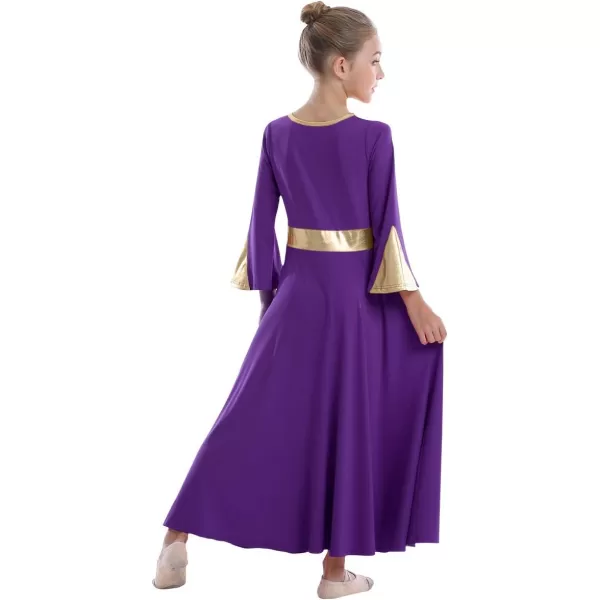 Girls Bell Long Sleeve Praise Dance Dress Metallic Belt Liturgical Lyrical Church Dancewear Worship Costume for KidsPurple