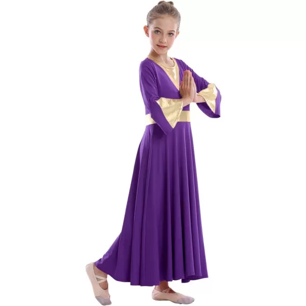 Girls Bell Long Sleeve Praise Dance Dress Metallic Belt Liturgical Lyrical Church Dancewear Worship Costume for KidsPurple