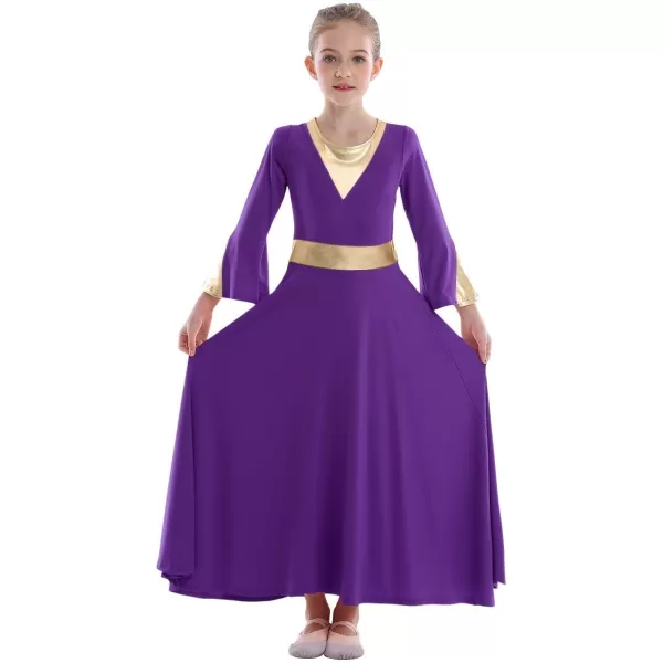 Girls Bell Long Sleeve Praise Dance Dress Metallic Belt Liturgical Lyrical Church Dancewear Worship Costume for KidsPurple