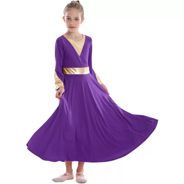 Girls Bell Long Sleeve Praise Dance Dress Metallic Belt Liturgical Lyrical Church Dancewear Worship Costume for KidsPurple