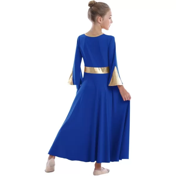 Girls Bell Long Sleeve Praise Dance Dress Metallic Belt Liturgical Lyrical Church Dancewear Worship Costume for KidsRoyal Blue