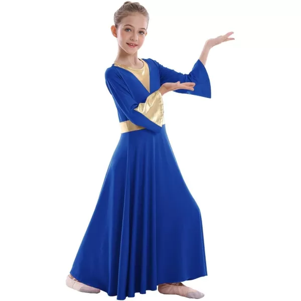 Girls Bell Long Sleeve Praise Dance Dress Metallic Belt Liturgical Lyrical Church Dancewear Worship Costume for KidsRoyal Blue