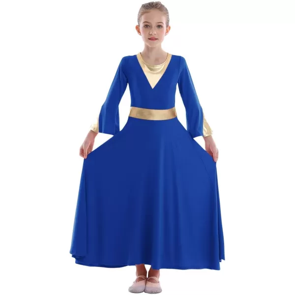 Girls Bell Long Sleeve Praise Dance Dress Metallic Belt Liturgical Lyrical Church Dancewear Worship Costume for KidsRoyal Blue