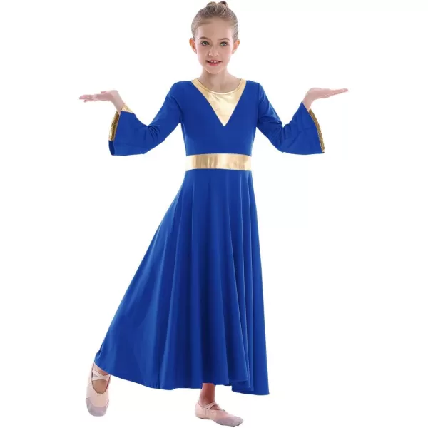 Girls Bell Long Sleeve Praise Dance Dress Metallic Belt Liturgical Lyrical Church Dancewear Worship Costume for KidsRoyal Blue