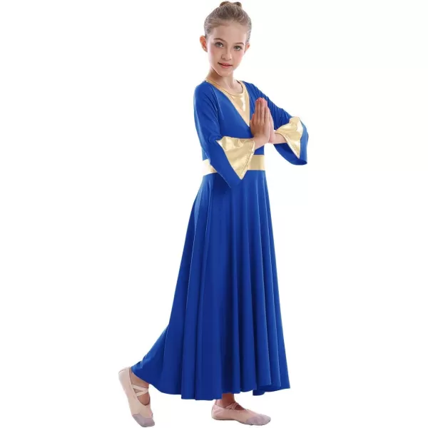 Girls Bell Long Sleeve Praise Dance Dress Metallic Belt Liturgical Lyrical Church Dancewear Worship Costume for KidsRoyal Blue