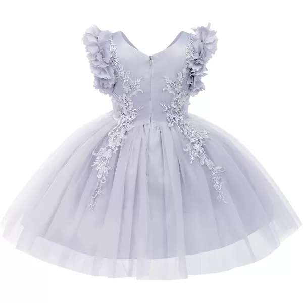 Girls Flower Ruffle Flutter Tutu Dress Lace Bridesmaid Wedding Party Pageant Tulle Dress for Kids Communion Prom GownsGray