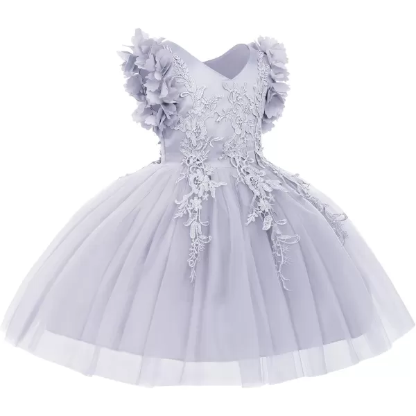 Girls Flower Ruffle Flutter Tutu Dress Lace Bridesmaid Wedding Party Pageant Tulle Dress for Kids Communion Prom GownsGray