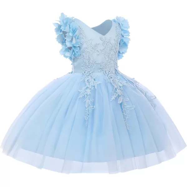 Girls Flower Ruffle Flutter Tutu Dress Lace Bridesmaid Wedding Party Pageant Tulle Dress for Kids Communion Prom GownsLight Blue