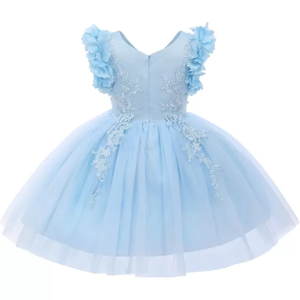 Girls Flower Ruffle Flutter Tutu Dress Lace Bridesmaid Wedding Party Pageant Tulle Dress for Kids Communion Prom GownsLight Blue