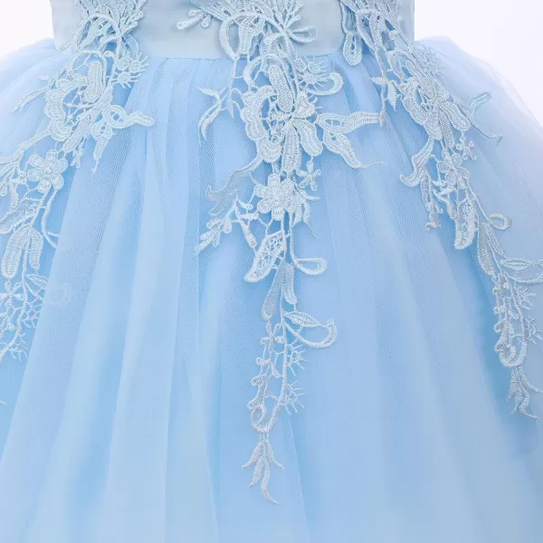 Girls Flower Ruffle Flutter Tutu Dress Lace Bridesmaid Wedding Party Pageant Tulle Dress for Kids Communion Prom GownsLight Blue